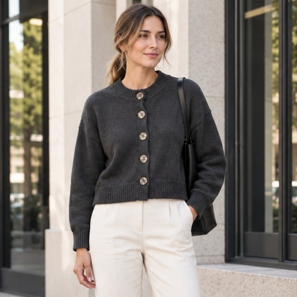 Quince Womens Organic Cotton Cropped Cardigan S Charcoal Gray Sweater Minimalist